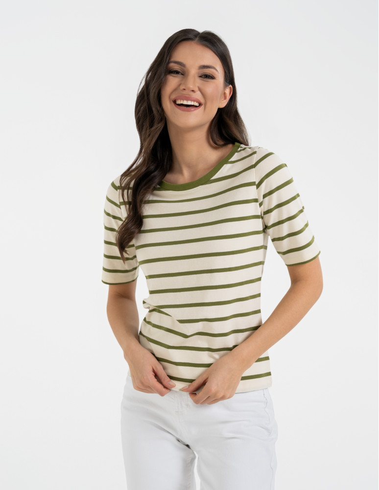 Bluzki z krótkim rękawem - Bluzka damska bawełniana w paski z krótkim rękawem ZIELONY  - produkt moraj.pl 5