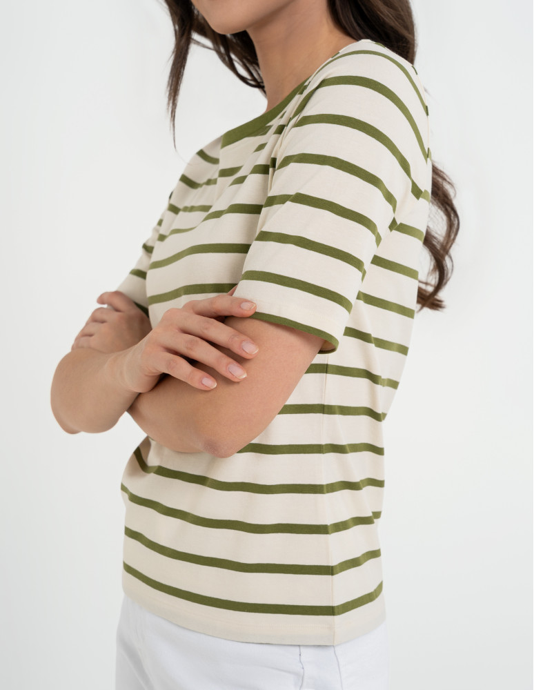 Bluzki z krótkim rękawem - Bluzka damska bawełniana w paski z krótkim rękawem ZIELONY  - produkt moraj.pl 2