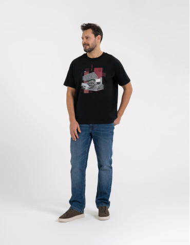 Koszulki z krótkim rękawem - T-shirt męski bawełniany oversize z nadrukiem architektonicznym CZARNY - produkt 4