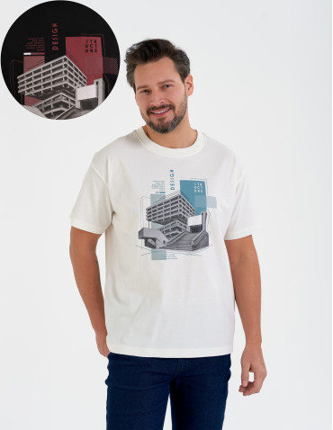 Koszulki z krótkim rękawem - T-shirt męski bawełniany oversize z nadrukiem architektonicznym CZARNY - produkt 11