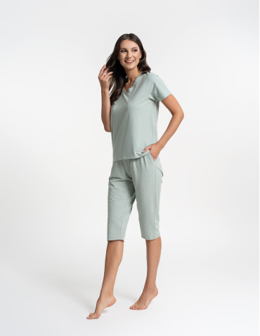 Piżamy z krótkim rękawem - Piżama damska z krótkim rękawem i spodniami 3/4 w groszki ZIELONY - produkt 5