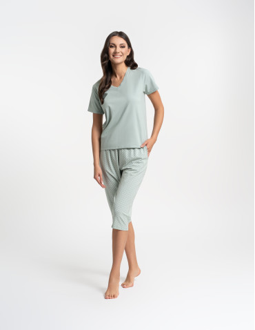 Piżamy z krótkim rękawem - Piżama damska z krótkim rękawem i spodniami 3/4 w groszki ZIELONY - produkt 6