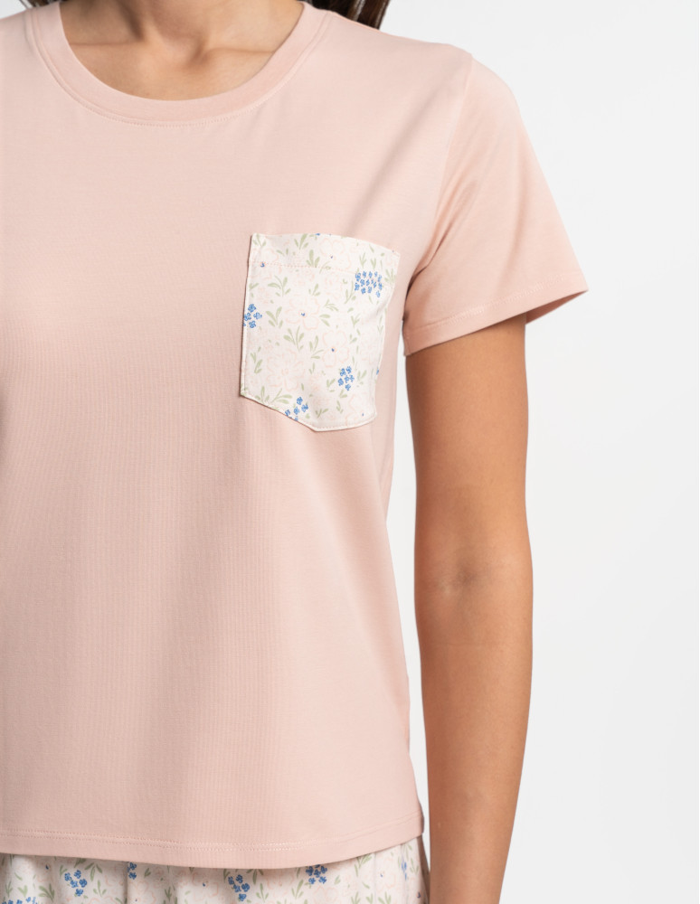 Piżamy z krótkim rękawem - Piżama damska z krótkim rękawem bawełniana w kwiaty BEŻOWY  - produkt moraj.pl 2