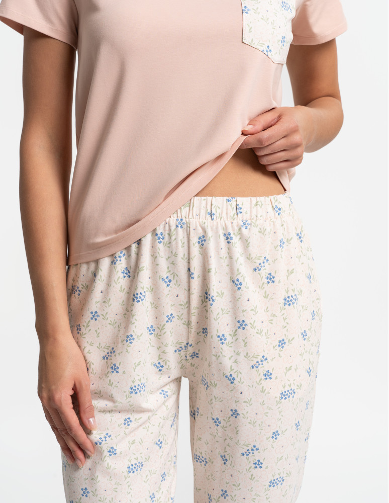 Piżamy z krótkim rękawem - Piżama damska z krótkim rękawem bawełniana w kwiaty BEŻOWY  - produkt moraj.pl 8