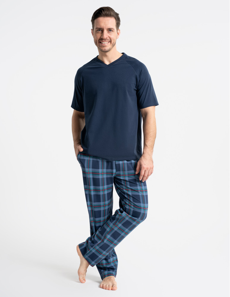 Piżamy z krótkim rękawem - Piżama męska z krótkim rękawem i spodniami w kratkę GRANATOWY - produkt moraj.pl 1
