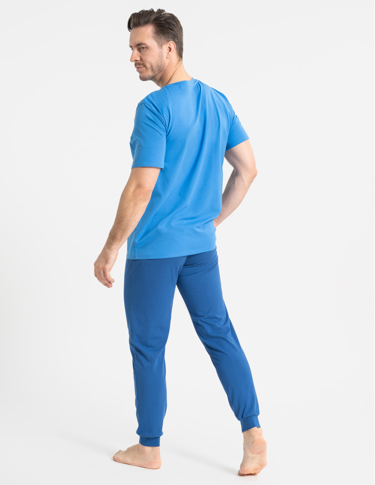 Piżamy z krótkim rękawem - Męska piżama bawełniana z krótkim rękawem zwężone spodnie NIEBIESKI  - produkt moraj.pl 4