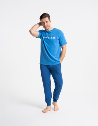 Piżamy z krótkim rękawem - Męska piżama bawełniana z krótkim rękawem zwężone spodnie NIEBIESKI - produkt 5