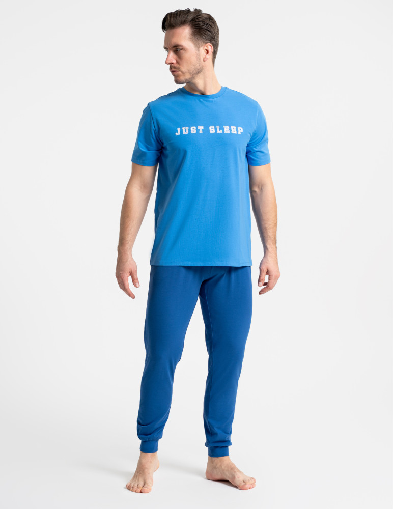 Piżamy z krótkim rękawem - Męska piżama bawełniana z krótkim rękawem zwężone spodnie NIEBIESKI - produkt moraj.pl 1