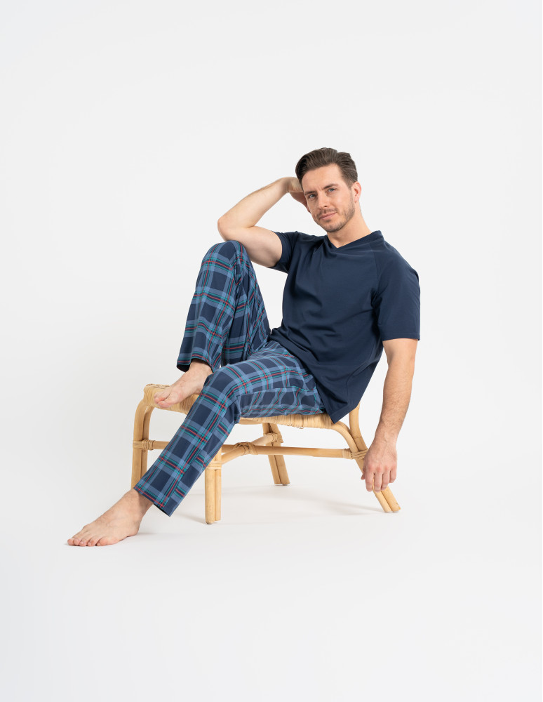 Piżamy z krótkim rękawem - Piżama męska z krótkim rękawem i spodniami w kratkę GRANATOWY  - produkt moraj.pl 6