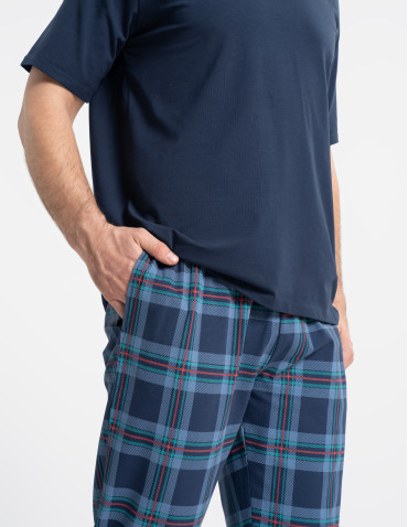Piżamy z krótkim rękawem - Piżama męska z krótkim rękawem i spodniami w kratkę GRANATOWY - produkt 7