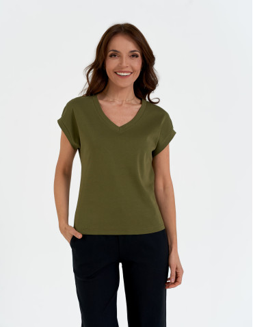 Koszulki i T-shirty - Bluzka damska bawełniana o luźnym fasonie KHAKI - produkt 2