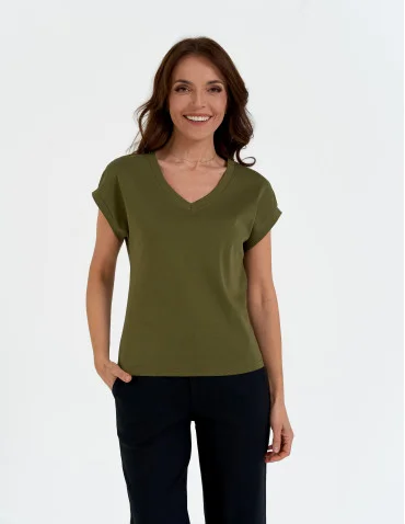 Bluzka damska bawełniana o luźnym fasonie - KHAKI  - produkt 2