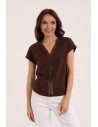 Bluzka damska bawełniana z ażurową wstawką i dekoltem V BRĄZOWY