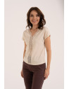 Bluzka damska bawełniana z ażurową wstawką i dekoltem V KREMOWY