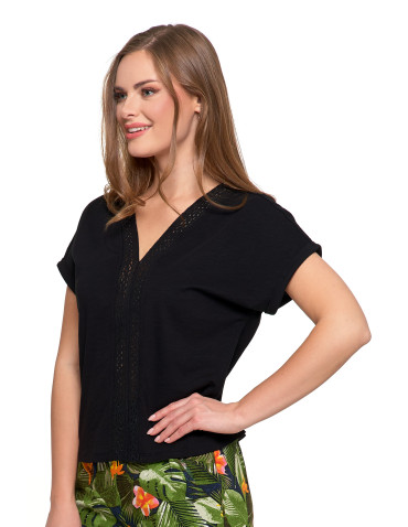 Bluzka damska bawełniana z ażurową wstawką i dekoltem V