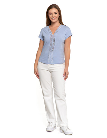 Bluzki i koszule - Bluzka damska bawełniana z ażurową wstawką i dekoltem V NIEBIESKI - produkt 1