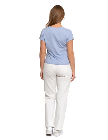 Bluzki i koszule - Bluzka damska bawełniana z ażurową wstawką i dekoltem V NIEBIESKI - produkt 3