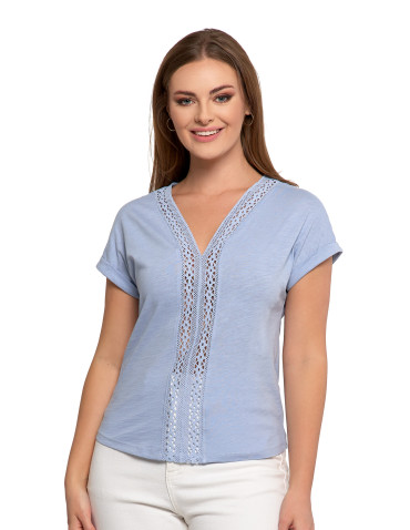 Bluzki i koszule - Bluzka damska bawełniana z ażurową wstawką i dekoltem V NIEBIESKI - produkt 5