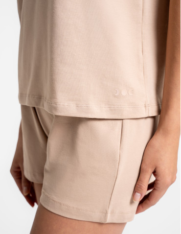 Kobieta - Piżama damska bawełniana z krótkim rękawem i spodenkami BEŻOWY - produkt 4