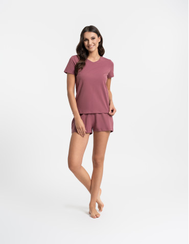 Piżamy z krótkim rękawem - Piżama damska bawełniana z krótkim rękawem i spodenkami CIEMNY RÓŻOWY - produkt 7