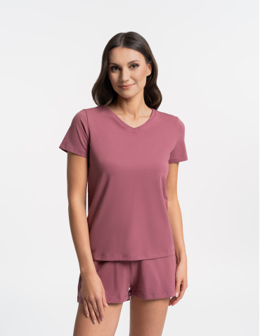Piżama damska bawełniana z krótkim rękawem i spodenkami - CIEMNY RÓŻOWY