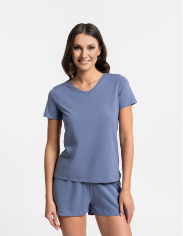 Piżamy z krótkim rękawem - Piżama damska bawełniana z krótkim rękawem i spodenkami NIEBIESKI - produkt 2