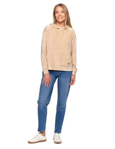 Bluzy damskie - Damska welurowa bluza z kapturem BEŻOWY - produkt 1