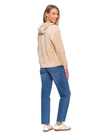 Bluzy damskie - Damska welurowa bluza z kapturem BEŻOWY - produkt 2