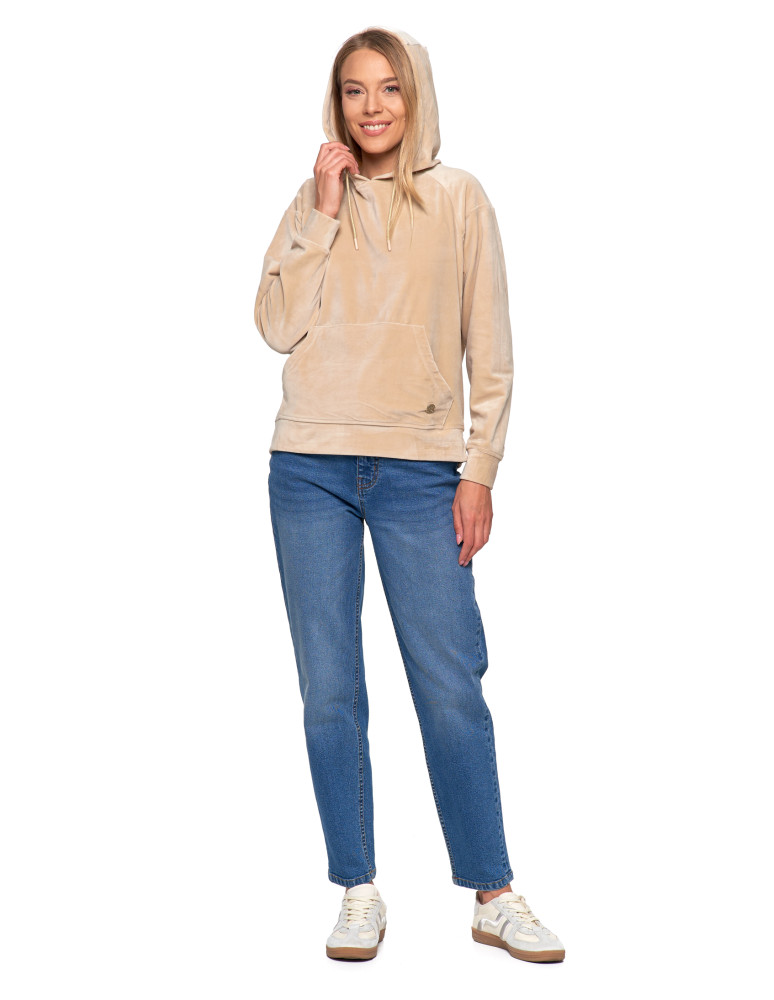 Bluzy damskie - Damska welurowa bluza z kapturem BEŻOWY - produkt moraj.pl 3