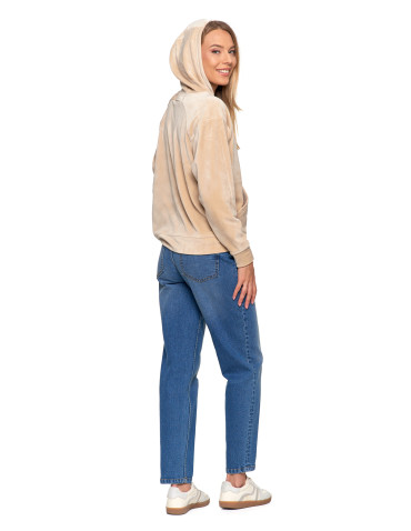 Bluzy damskie - Damska welurowa bluza z kapturem BEŻOWY - produkt 5