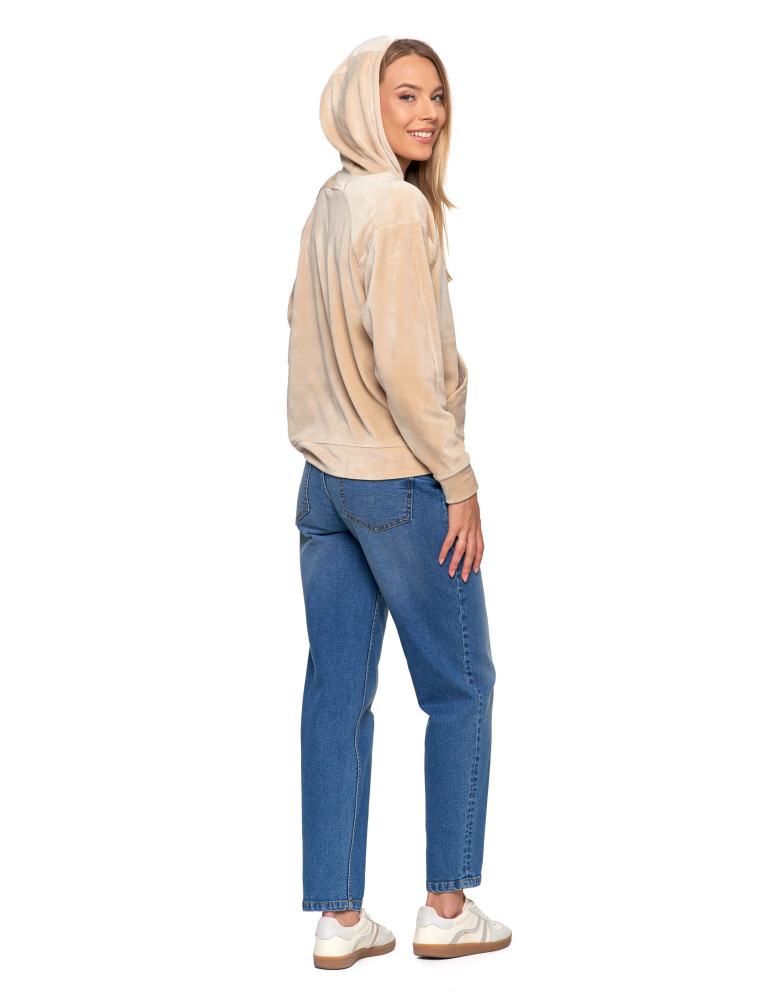 Bluzy damskie - Damska welurowa bluza z kapturem BEŻOWY - produkt moraj.pl 5