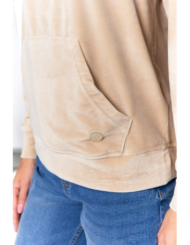 Bluzy damskie - Damska welurowa bluza z kapturem BEŻOWY - produkt 6