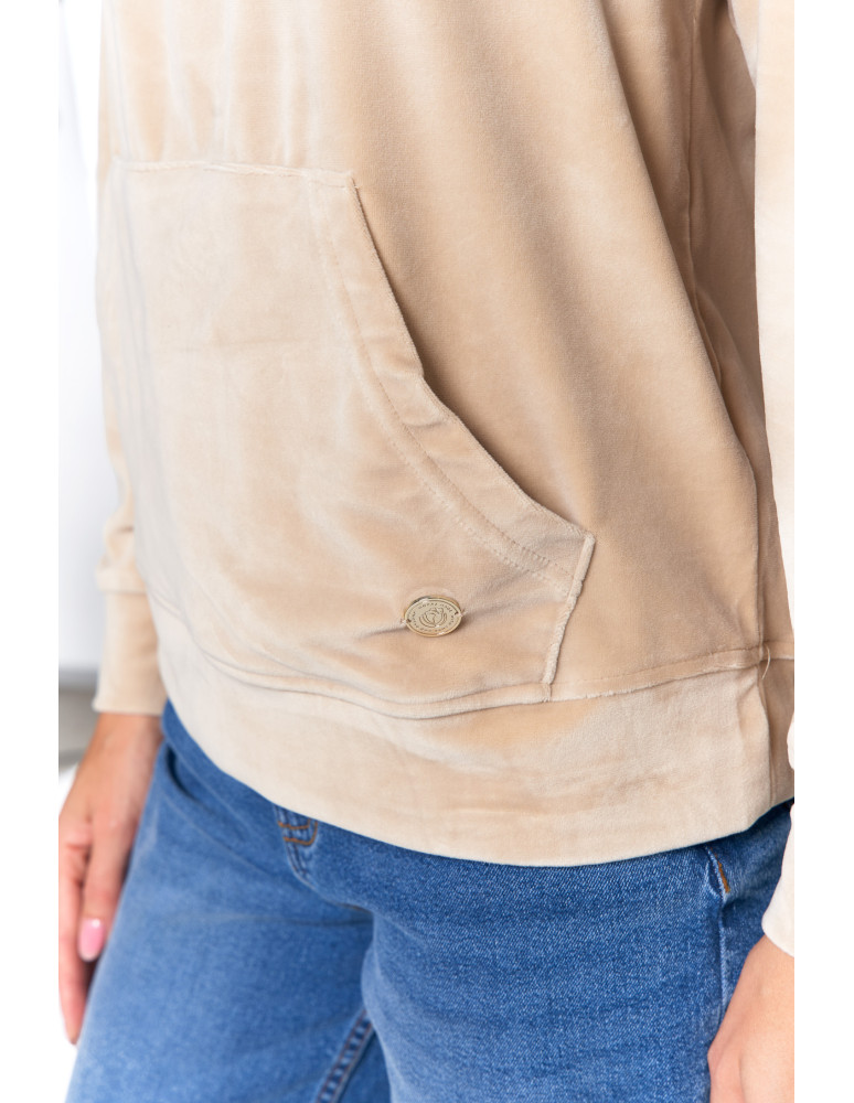 Bluzy damskie - Damska welurowa bluza z kapturem BEŻOWY - produkt moraj.pl 6