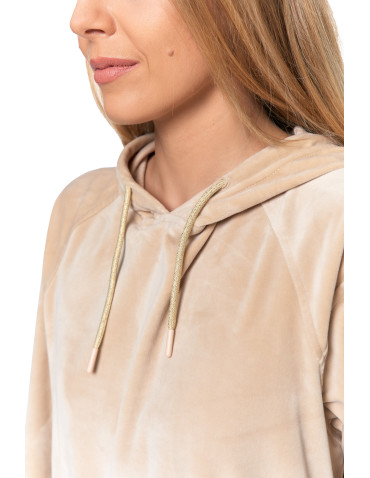 Bluzy damskie - Damska welurowa bluza z kapturem BEŻOWY - produkt 7