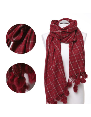 Długi szal damski ciepły na zimę w drobną kratkę - CZERWONY