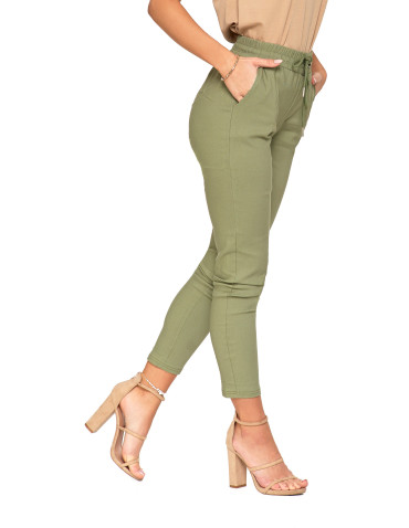 Spodnie damskie - Spodnie damskie joggery elastyczne z wiązaniem KHAKI - produkt 2