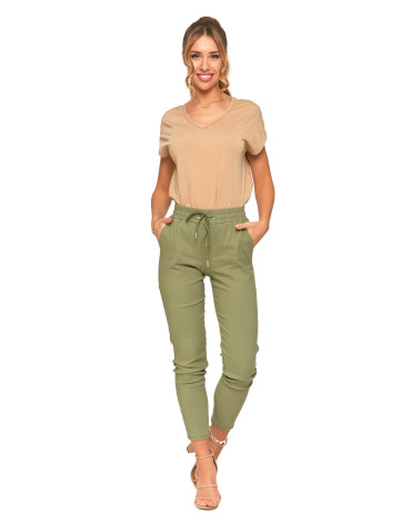 Spodnie damskie - Spodnie damskie joggery elastyczne z wiązaniem KHAKI - produkt 5