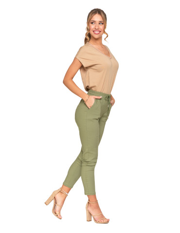 Spodnie damskie - Spodnie damskie joggery elastyczne z wiązaniem KHAKI - produkt 6