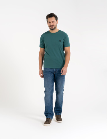 Koszulki z krótkim rękawem - T-shirt męski bawełniany regularny krój z gumową naszywką CIEMNY ZIELONY - produkt 6