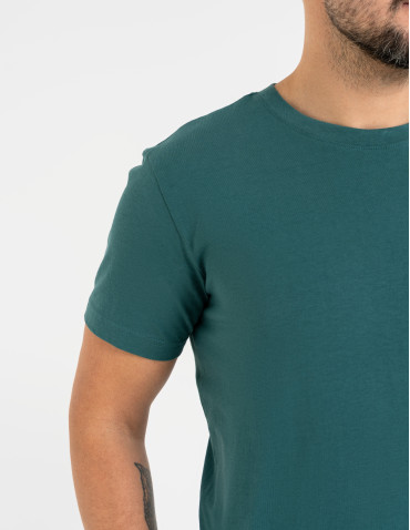 Koszulki z krótkim rękawem - T-shirt męski bawełniany regularny krój z gumową naszywką CIEMNY ZIELONY - produkt 3