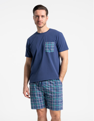 Piżama męska z krótkim rękawem i spodenkami w kratkę