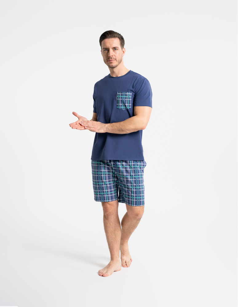 Piżamy z krótkim rękawem - Piżama męska z krótkim rękawem i spodenkami w kratkę GRANATOWY  - produkt moraj.pl 7