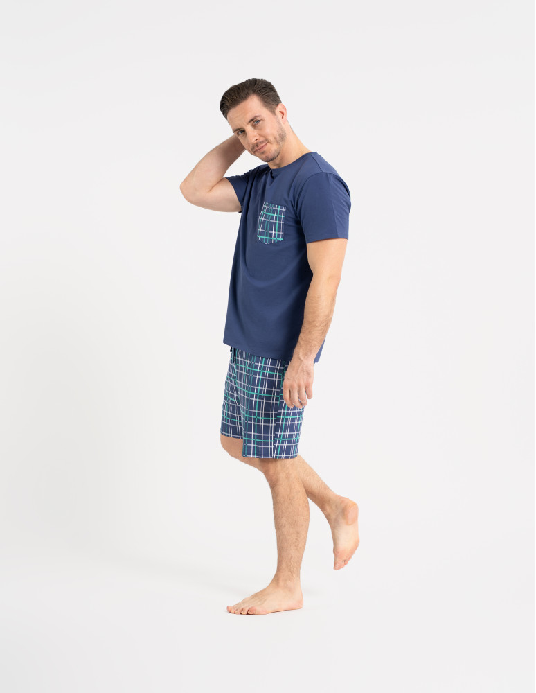 Piżamy z krótkim rękawem - Piżama męska z krótkim rękawem i spodenkami w kratkę GRANATOWY  - produkt moraj.pl 8