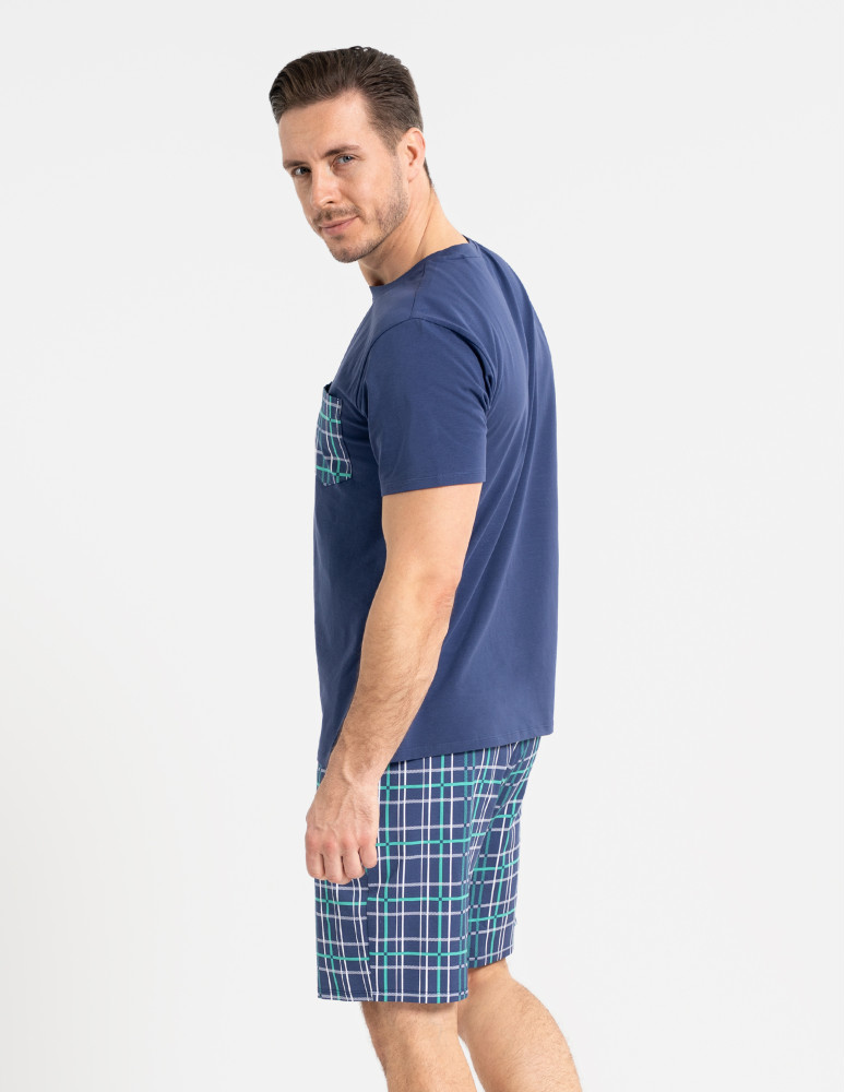 Piżamy z krótkim rękawem - Piżama męska z krótkim rękawem i spodenkami w kratkę GRANATOWY  - produkt moraj.pl 6