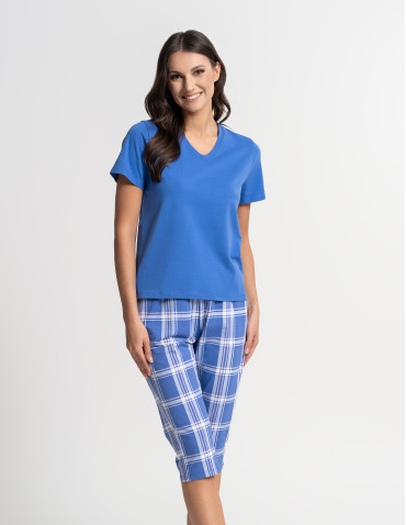 Piżama damska bawełniana z krótkim rękawem i spodniami 3/4 kratka - GRANATOWY