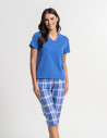 Piżama damska bawełniana z krótkim rękawem i spodniami 3/4 kratka GRANATOWY