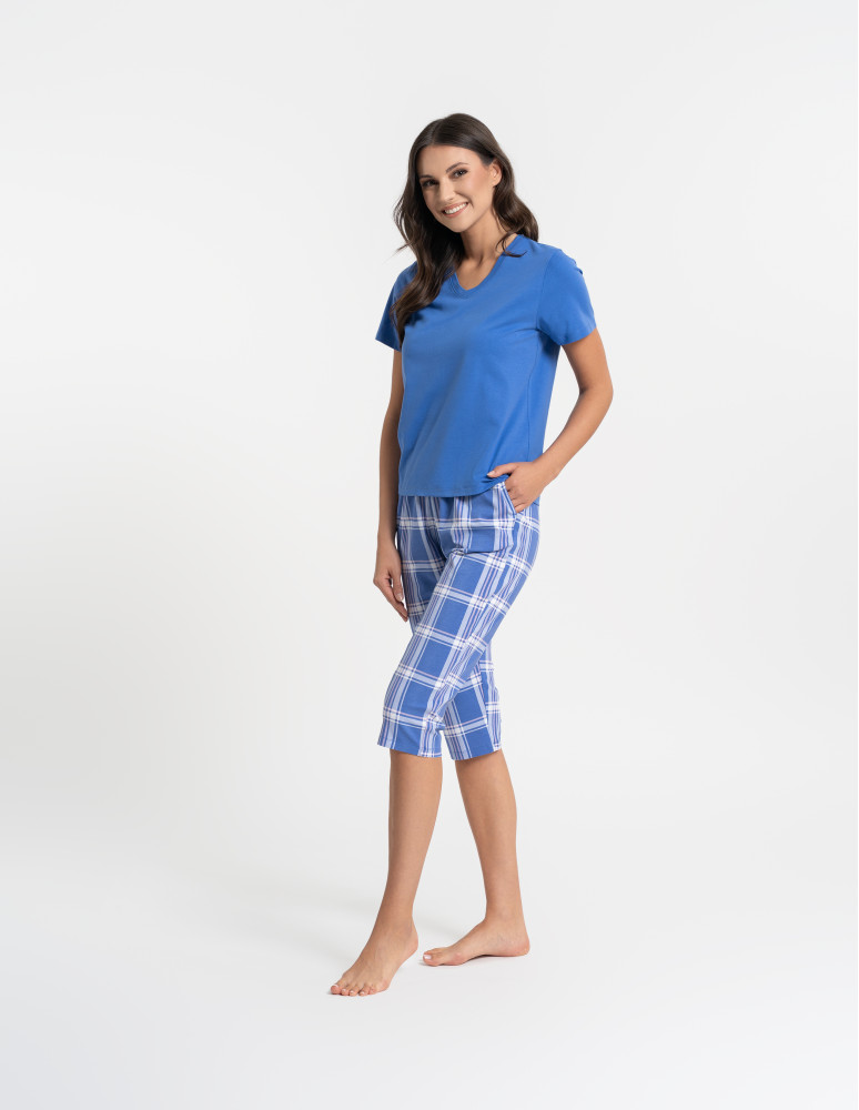 Piżamy z krótkim rękawem - Piżama damska bawełniana z krótkim rękawem i spodniami 3/4 kratka GRANATOWY  - produkt moraj.pl 6