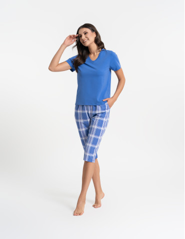 Piżamy z krótkim rękawem - Piżama damska bawełniana z krótkim rękawem i spodniami 3/4 kratka GRANATOWY - produkt 7