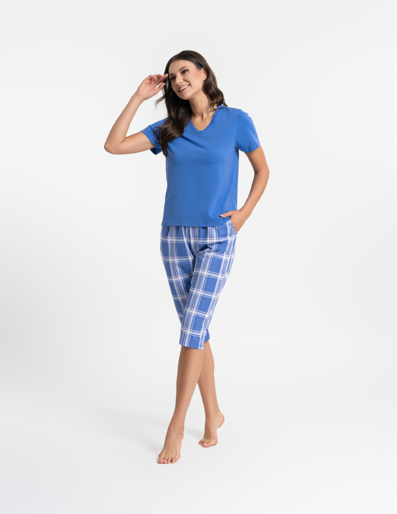 Piżamy z krótkim rękawem - Piżama damska bawełniana z krótkim rękawem i spodniami 3/4 kratka GRANATOWY  - produkt moraj.pl 7