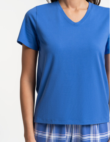 Piżamy z krótkim rękawem - Piżama damska bawełniana z krótkim rękawem i spodniami 3/4 kratka GRANATOWY - produkt 4